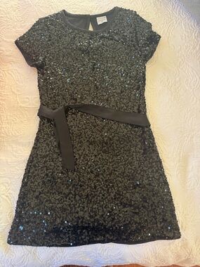 Black Sequin Short Sleeve Belted Party Dress